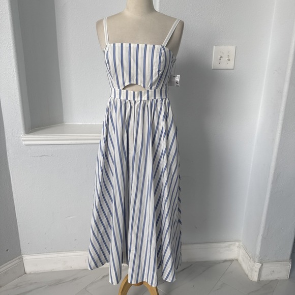 Nine West Midi Dress XS Blue White Stripe Cutout Smocked Back Coastal Beachy - Picture 3 of 15
